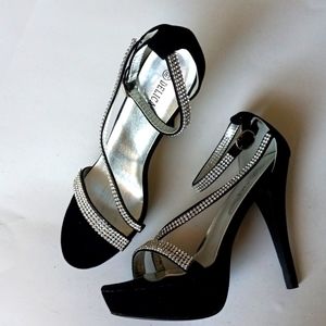 Delicacy black stiletto platforms with rhinestones. Ankle straps. Size 8.5.